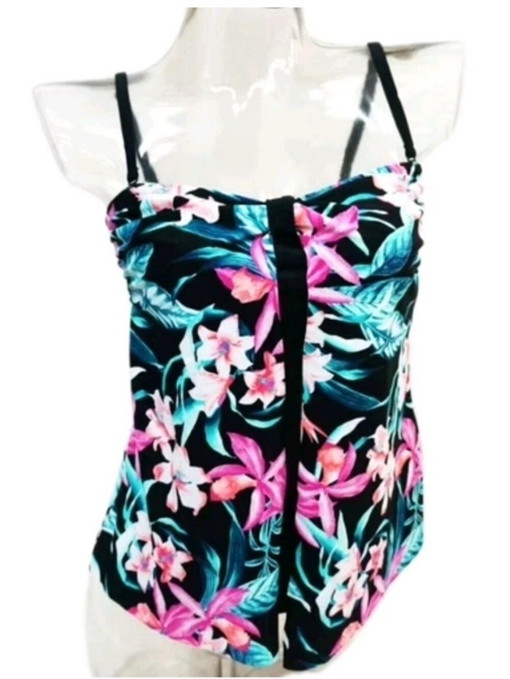 Croft & Barrow Floral Tankini Top - Black with Pink & Teal Floral Tropical NWT 6